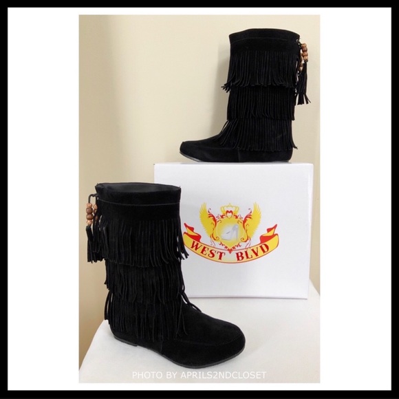 BLACK SIZE 11 FRINGE BOOTS BOHO FLAT BOOTIES A2C - Picture 3 of 8